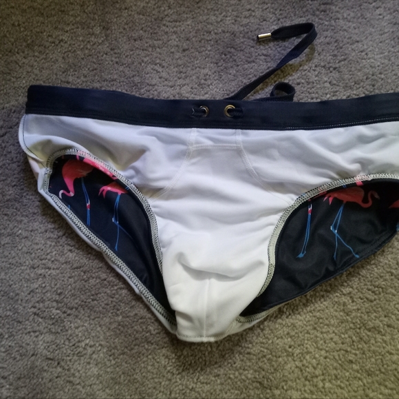 Men's navy with pink flamingos bikini swimming suit - Picture 3 of 7